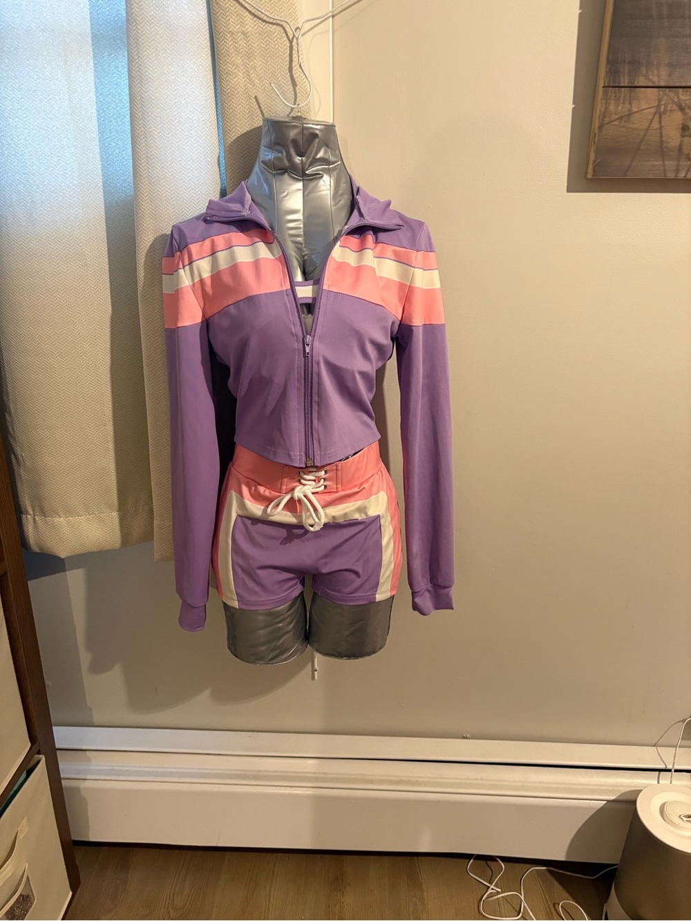 Purple & Pink Colorblock tracksuit zip up, bandeau and high waisted shorts set